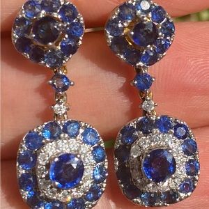 New !Designer! Natural Sapphire & Diamond Drop Earrings in 18k Solid Gold